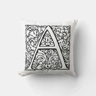 Monogram A Initial Black & White Floral Pattern Cushion