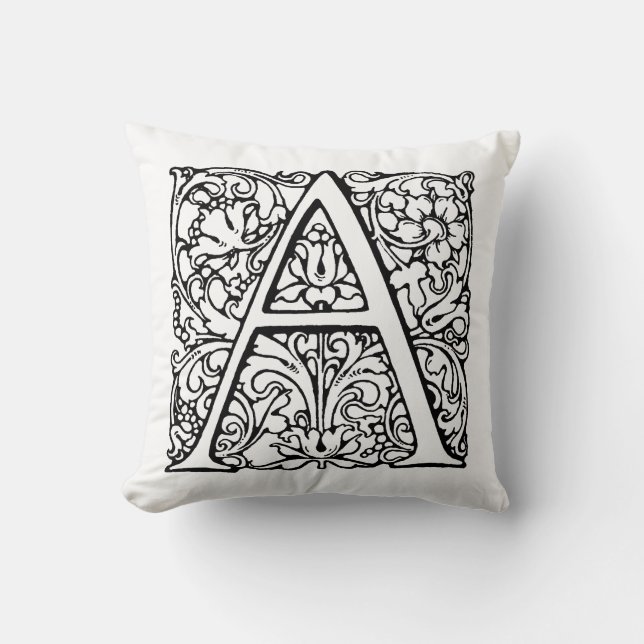 Monogram A Initial Black & White Floral Pattern Cushion (Front)