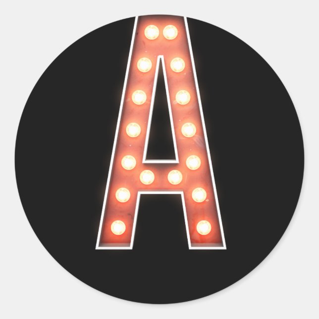 Monogram A Marquee Lights Classic Round Sticker (Front)