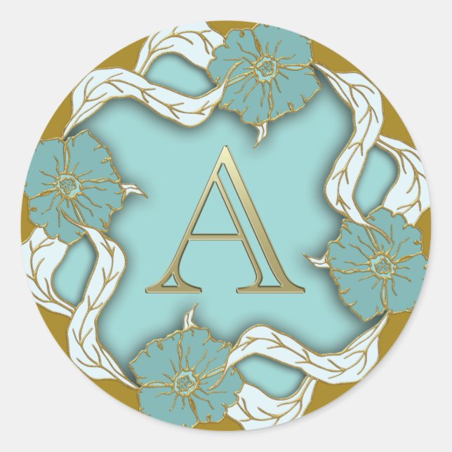 Monogram A ornate turquoise Classic Round Sticker (Front)
