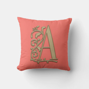 Monogram A Peach Coral Family, Wedding, Birthday Cushion