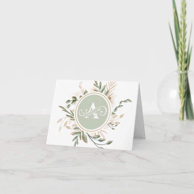 Monogram A Personal Round Greenery Botanical  Thank You Card (Front)