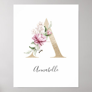 Monogram A Pink White Floral Gold Letter Nursery Poster