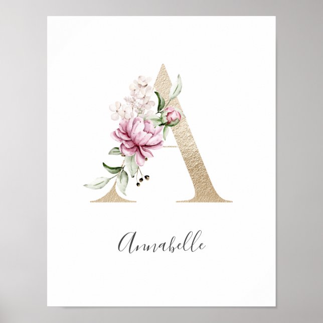 Monogram A Pink White Floral Gold Letter Nursery  Poster (Front)