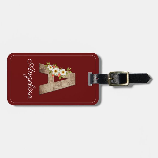 Monogram A red wood letter flower Luggage Tag (Front Horizontal)