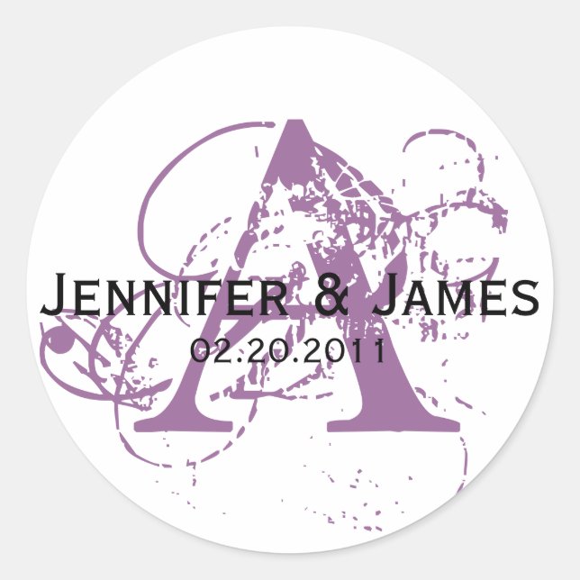 Monogram A White and Purple Wedding Stickers (Front)