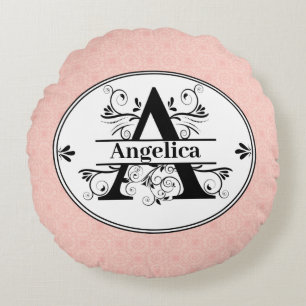 Monogram A with light small pink pattern backgroun Round Cushion