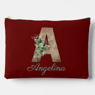 Monogram A wood letter dark red flower  Accessory Pouch