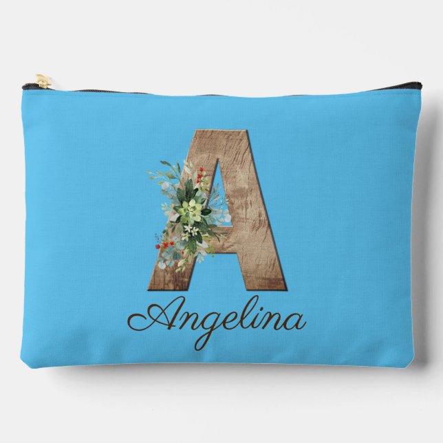 Monogram A wood letter red flower blue Accessory Pouch (Front)