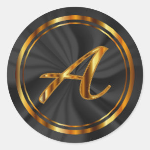 Monogram A-Z - Metallic Gold on Black Satin Classic Round Sticker