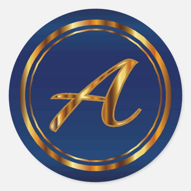 Monogram  A-Z - Metallic Gold on Navy Blue Classic Round Sticker (Front)