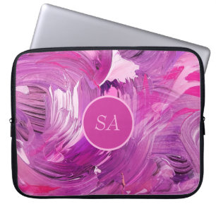 Monogram Abstract Art Purple Pink Brush Stroke Laptop Sleeve