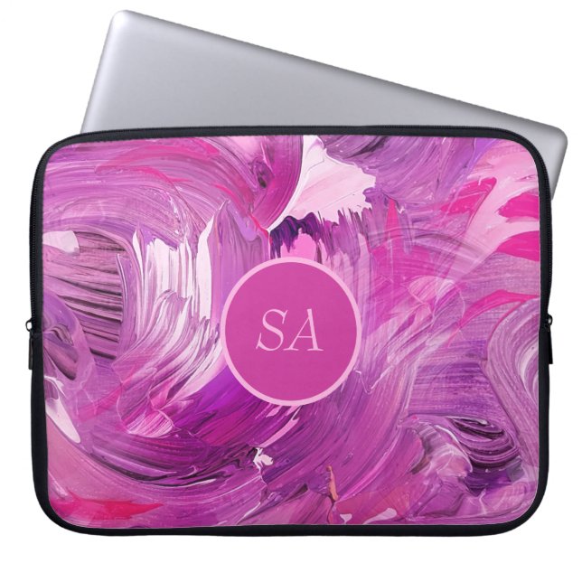 Monogram Abstract Art Purple Pink Brush Stroke Laptop Sleeve (Front)