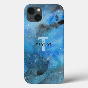 Monogram Abstract Blue Black Watercolor Fine Art iPhone 13 Case