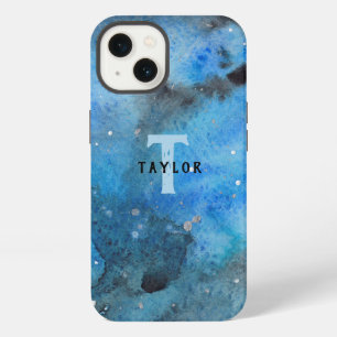 Monogram Abstract Blue Black Watercolor Fine Art iPhone 13 Case