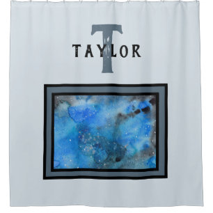 Monogram Abstract Blue Black Watercolor Fine Art Shower Curtain