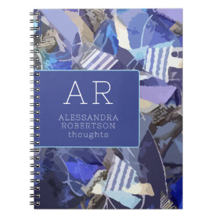 Monogram abstract blue navy purple white stripes  notebook