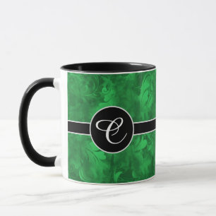 Monogram Abstract Emerald Green Feather Pattern Mug