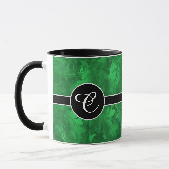 Monogram Abstract Emerald Green Feather Pattern Mug (Left)
