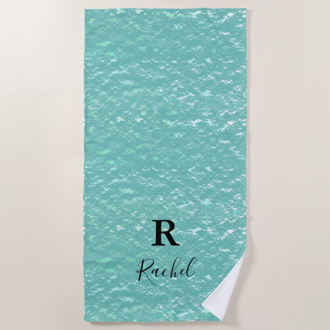 Monogram Abstract Glitter Sparkle Teal Lake Blue Beach Towel (Front)