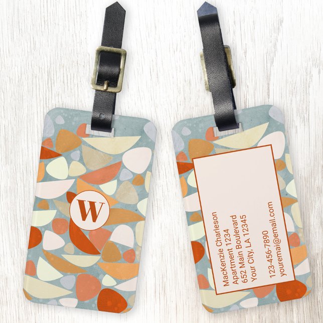Monogram Abstract Modern Geometric Luggage Tag (Abstract monogram initial orange peach cream personalized luggage tag)