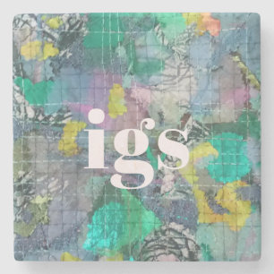Monogram abstract pattern green blue grey nature  stone coaster