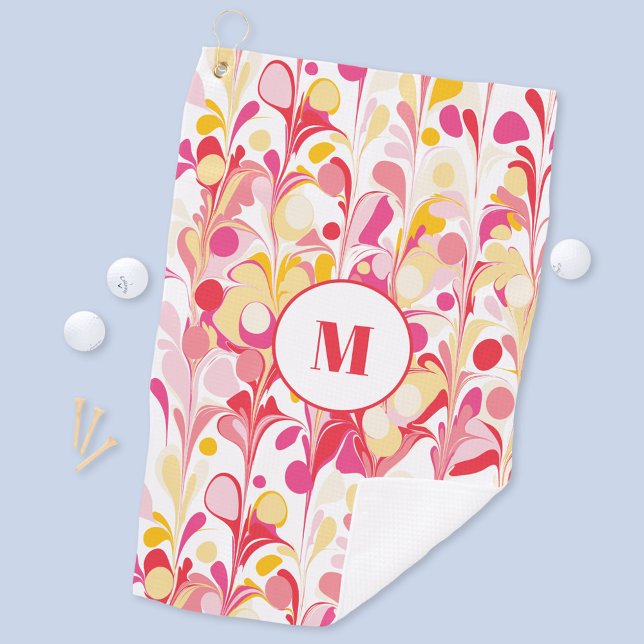 Monogram Abstract Retro Marble Pattern Pink Golf Towel (Modern marble retro pattern monogram initial personalized golf towel)