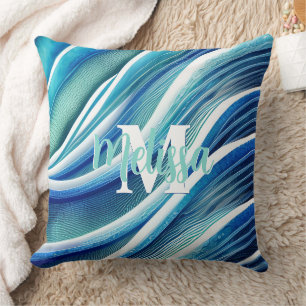 Monogram Abstract Waves in Blue and Green Cushion