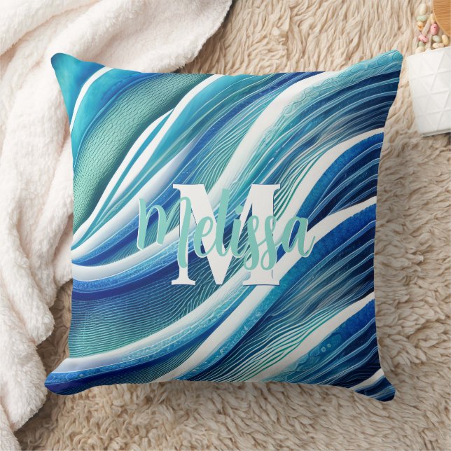 Monogram Abstract Waves in Blue and Green Cushion (Blanket)