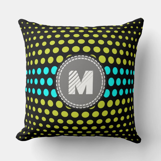 Monogram Acid green & Aqua Polka Dots Pattern Cushion (Front)