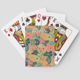 Monogram Add Name Retro Funky Colourful Flower Pla Playing Cards