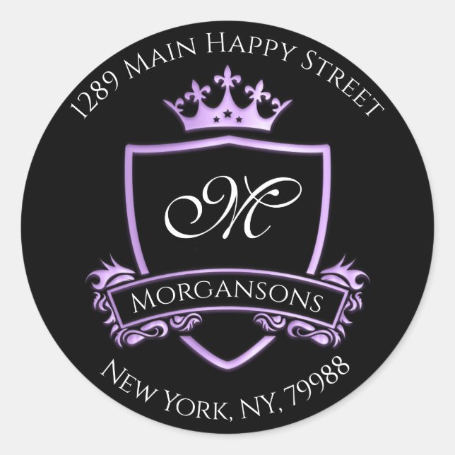 Monogram Address Crown Royal Black Purple Classic Round Sticker (Front)