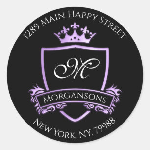 Monogram Address Crown Royal Black Purple Classic Round Sticker