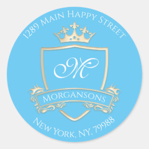 Monogram Address Crown Royal Gold Blue RSVP Classic Round Sticker