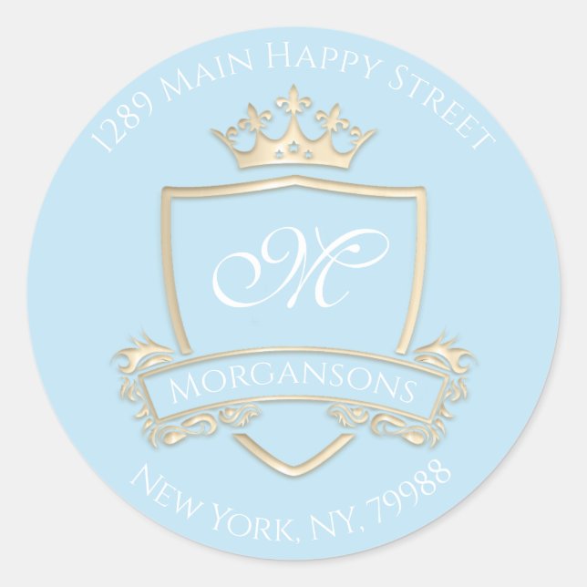 Monogram Address Crown Royal Gold Ocean RSVP Classic Round Sticker (Front)