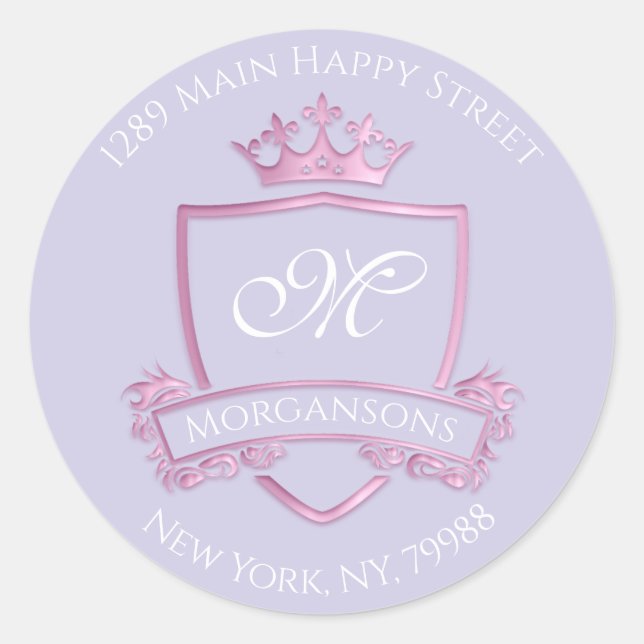 Monogram Address Crown Royal Pink Purple RSVP Classic Round Sticker (Front)