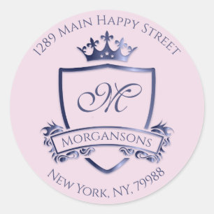 Monogram Address Crown Royal Princess Navy Pink Classic Round Sticker