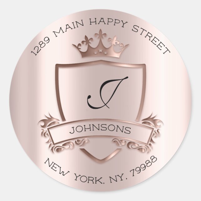 Monogram Address Crown Royal RSVP Rose Wedding Classic Round Sticker (Front)