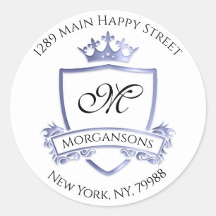 Monogram Address Crown Royal White Blue RSVP Classic Round Sticker