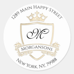 Monogram Address Crown Royal White Gold RSVP Classic Round Sticker
