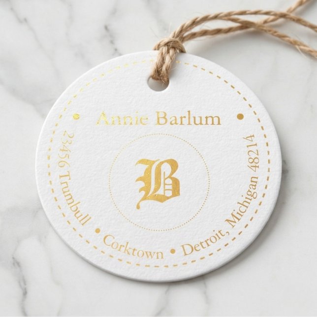 Monogram Address Dotted Circle Favour Tags (Tie this round address tag onto any special gift.)
