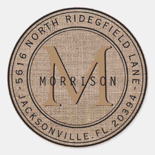 Monogram Address Label in Tan Burlap (Front)