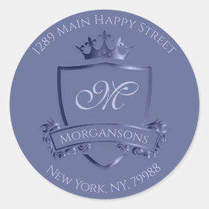 Monogram Address RSVP Crown Royal Smoky Blue Lux Classic Round Sticker