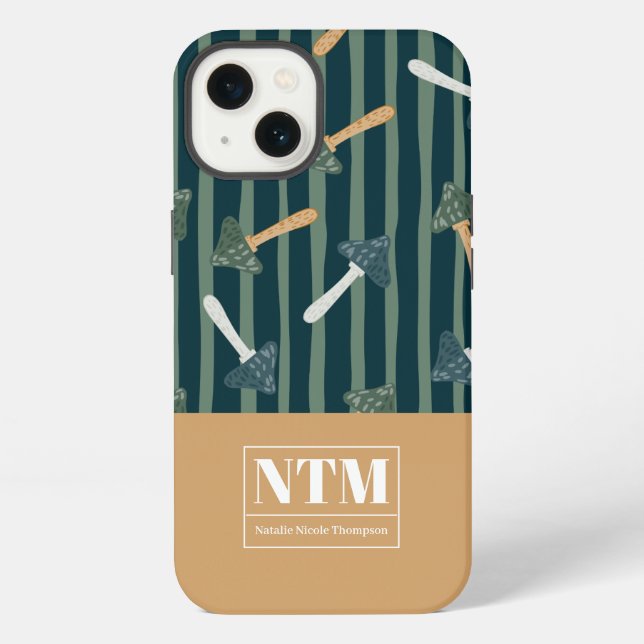 Monogram adorable classic mushroom pattern Green iPhone Case (Back)