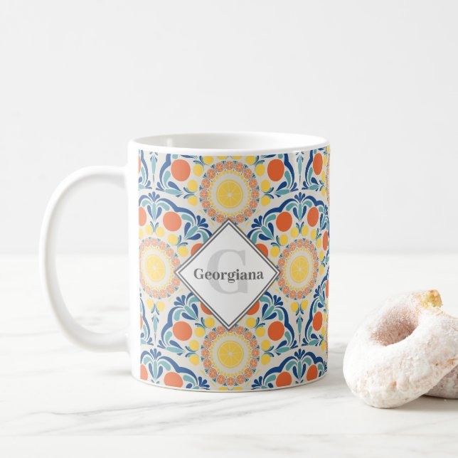 Monogram Aegean Summer Oranges And Lemons Deco Coffee Mug (With Donut)