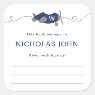 Monogram Aeroplane Boy Baby Shower Bookplate Square Sticker