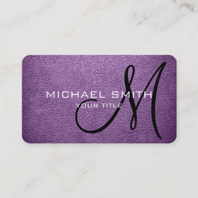 Monogram African violet Leather Look Business Card (Front)
