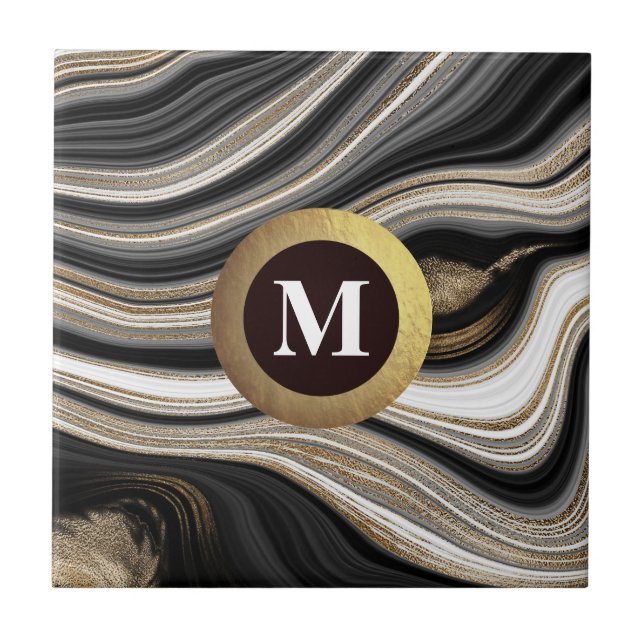 Monogram Agate Black white gold  Ceramic Tile (Front)
