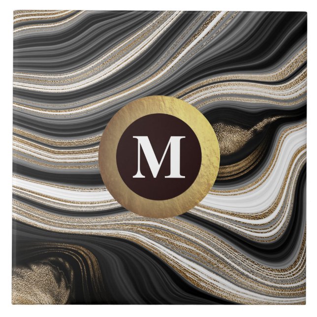 Monogram Agate Black white gold  Ceramic Tile (Front)