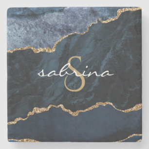 Monogram Agate Geode Navy Blue Gold Stone Coaster